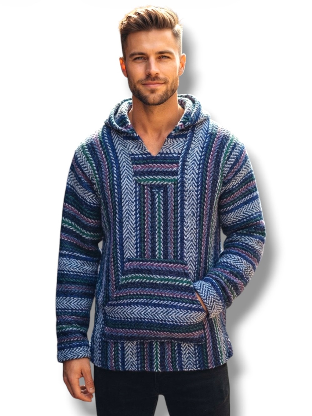 Baja Joe Hoodie Authentic Mexican Blue Multi Color Striped Woven Pullover OS/XL